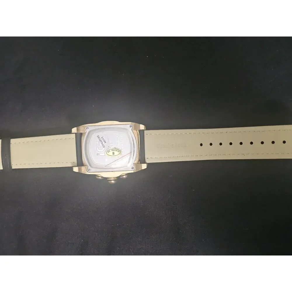 45.9mm bubble face Analog Watch gold tone bezel with Black genuine Leather band